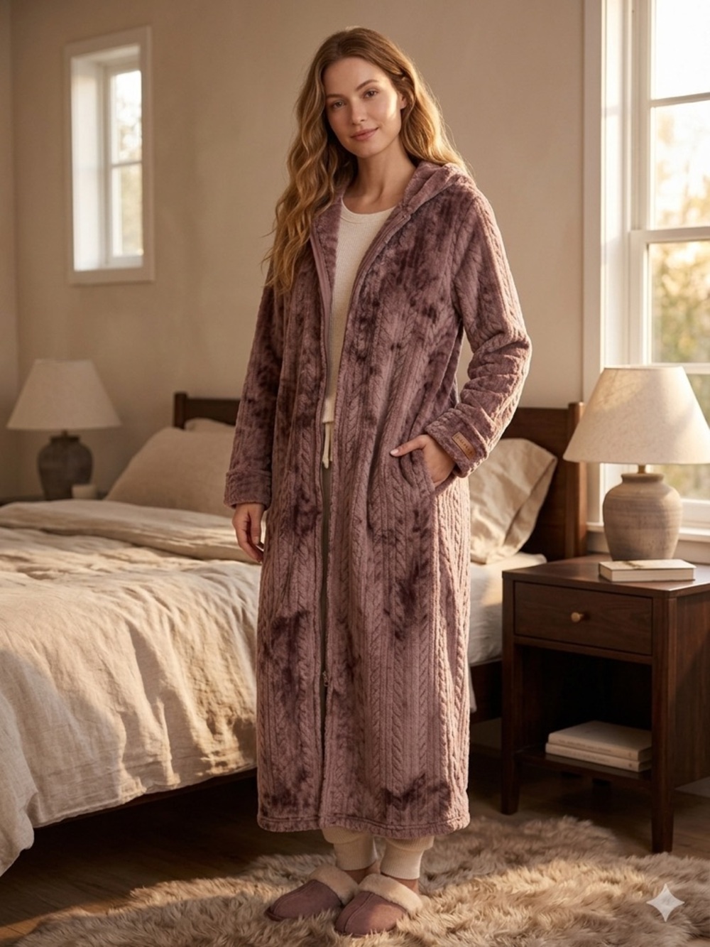 Long Plush Hooded Robe in Mauve-Taupe